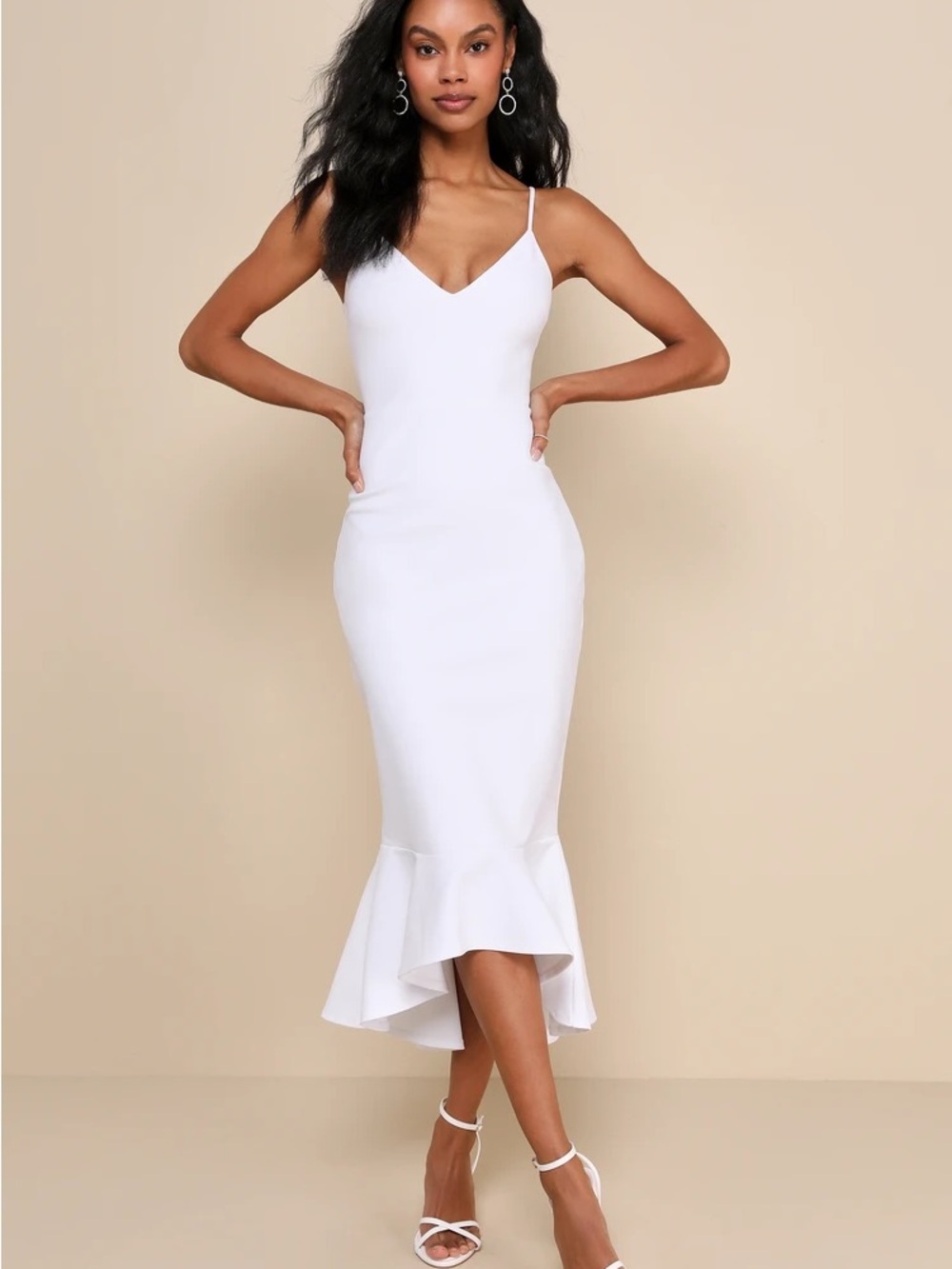 Lulu's White Spaghetti-Strap High-Low Mermaid Midi Dress